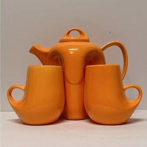 🤯🤩VINTAGE 1970s NESTING TEA POT&CUP SET!ORANGE CERAMIC! Possibly Peter Saenger